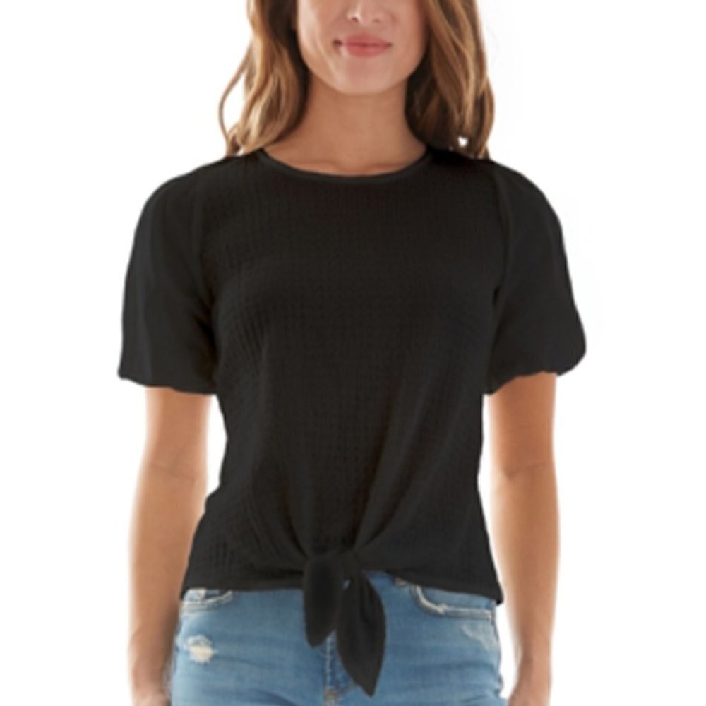 JR228 Bcx Black Juniors' Bubble Sleeve Tie Front Top Size S